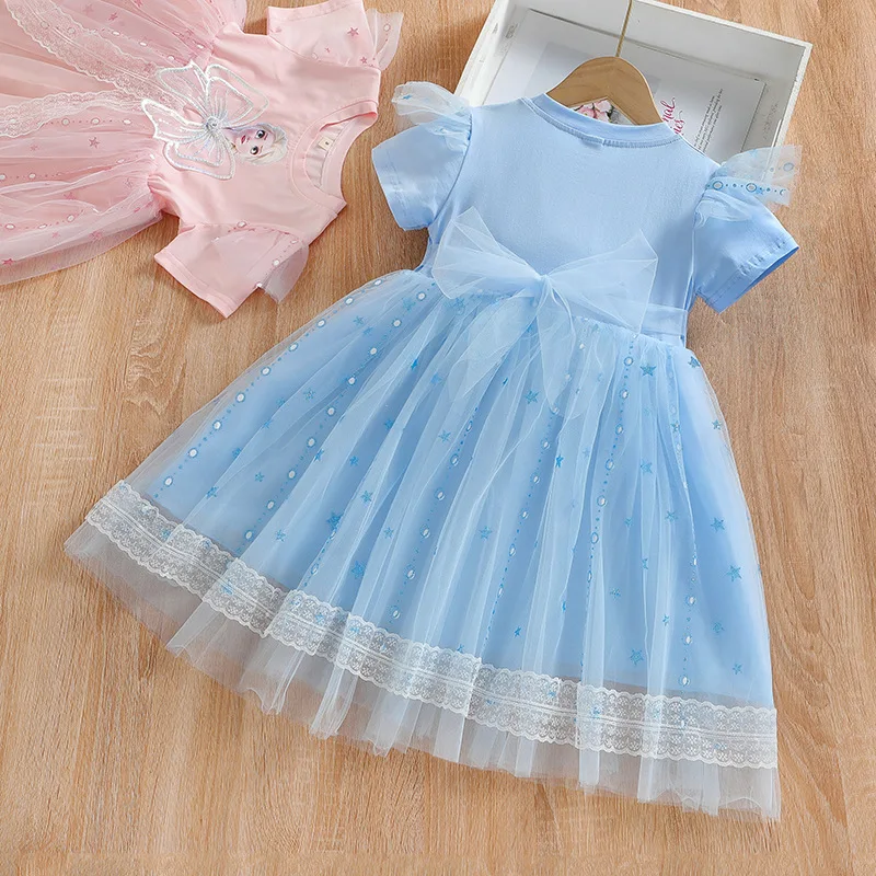 2024 New Girls Clothes Summer Flying Sleeve Kids Dress Party Baby Dresses for Children Clothing Frozen Elsa Princess Dresses