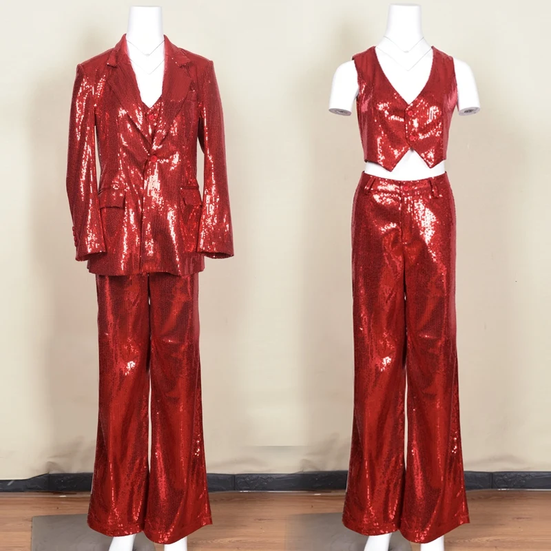 Red Sequin Suit Adult Hip Hop Stage Costume Jazz Dance Stage Outfit Host Singer Stage Costume Women Performnace Clothes VDL2408