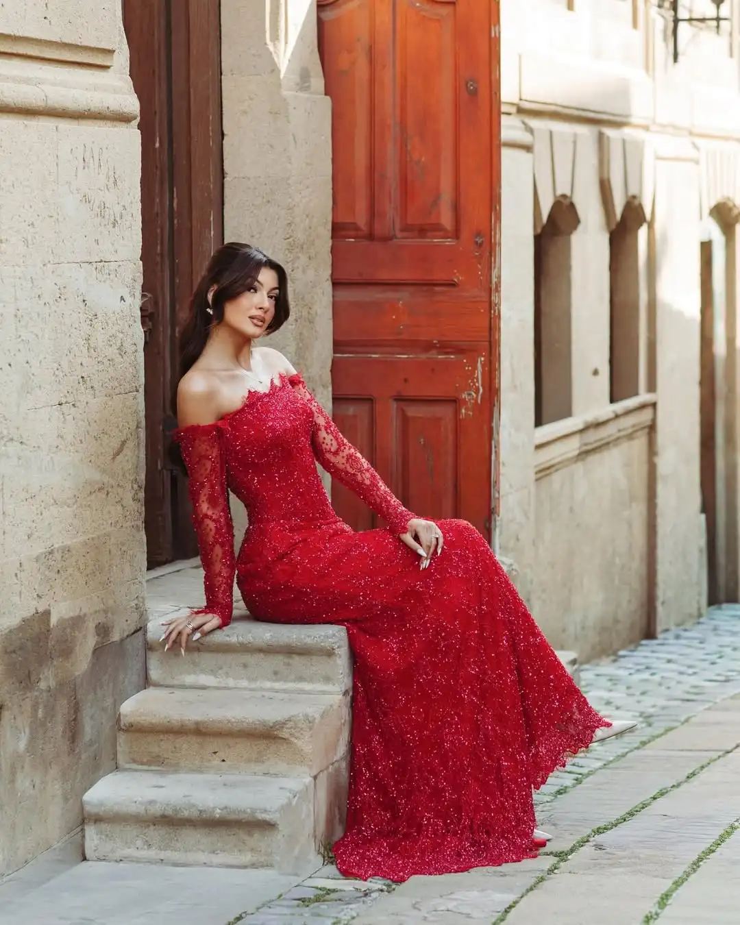 Elegantes, luxuriöses, schulterfreies, mit Perlen besticktes Meerjungfrau-Schleppe, Illusion, Pailletten, Spitze, Tüll, Abendkleid, Abschlussball, formelles Partykleid