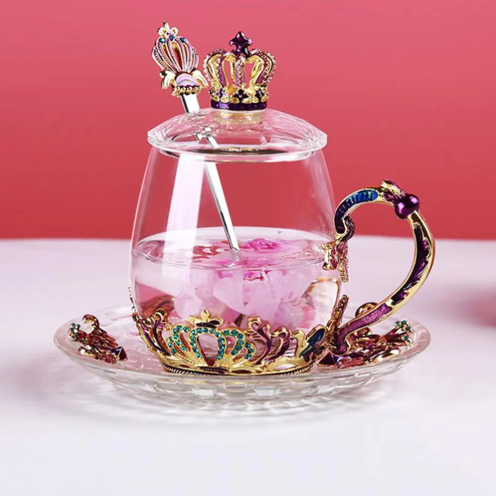 

Enamel Glass Tea Cup Assorted Color with Spoon Ergonomic Comfortable Hold Cold Heat Resistant Safe for Milk Tea Coffee Juice