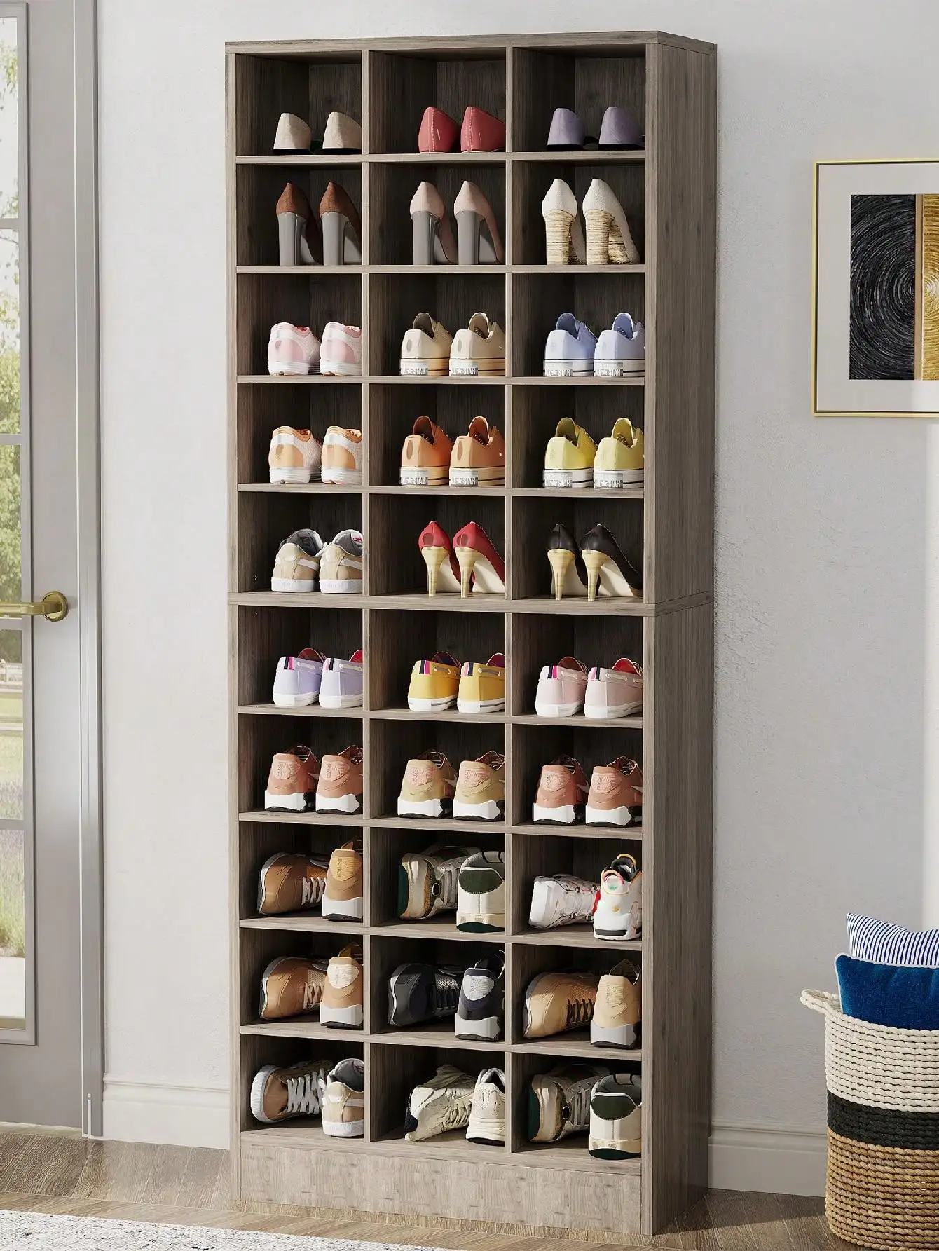 LITTLE TREE 10-Tier Tall Shoe Rack Entryway Shoe Organizer, White Wooden Shoe Storage Cabinet With 30 Cubbies, Free Standing Shoe Organizer For Closet, Entryway, Living Room