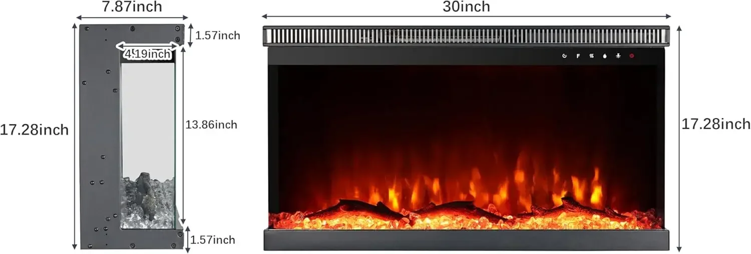 30 Inch 3-Sided Electric Fireplace Insert, Wall Mounted Heater with Touch Screen and Remote Control for Indoor Use