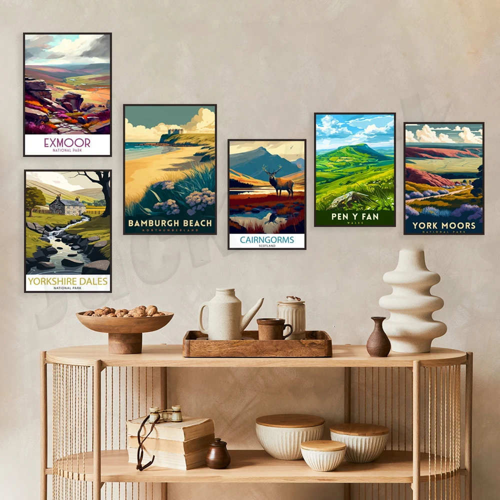 Cairngorms, Yorkshire Dales, Ullswater, Shropshire Hills, North York Moors, Scafell Pike, Northumberland Beaches travel poster