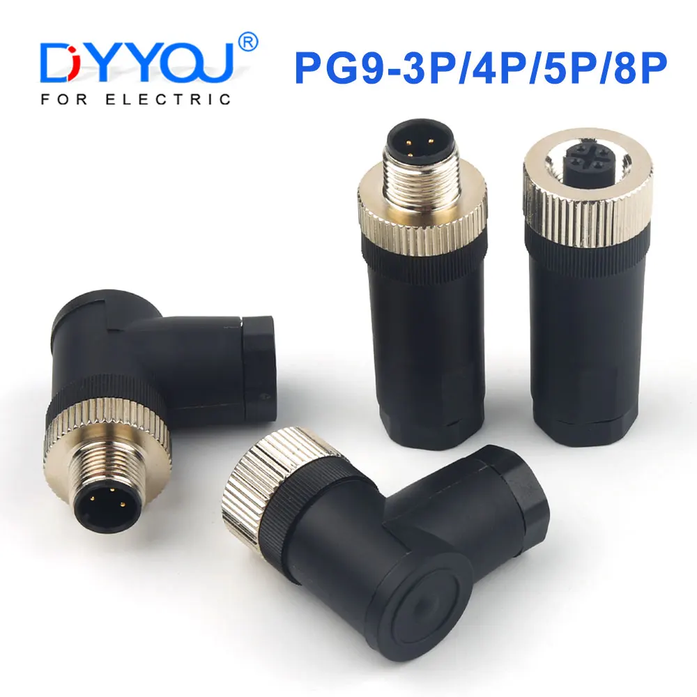 

Sensor Connector 3/4/5/8 Pin Waterproof Male Plug And Female Socket Screw Threaded Coupling PG9 Straight&Angle Wiring Connection