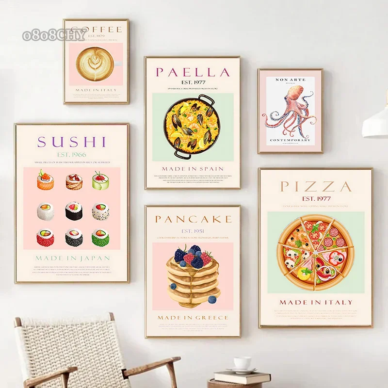 Pintura nórdica simple para decoración de cocina del hogar, ilustración, Sushi, Paella, Pizza, pulpo, estrella de mar, café, lienzo, póster artístico de pared, Mural