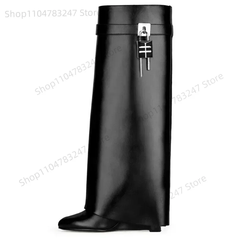 Botas hasta la rodilla con cremallera para mujer, suelas gruesas, zapatos con decoración de Metal, tacones altos con cierre de tiburón, moda de diseñador a estrenar