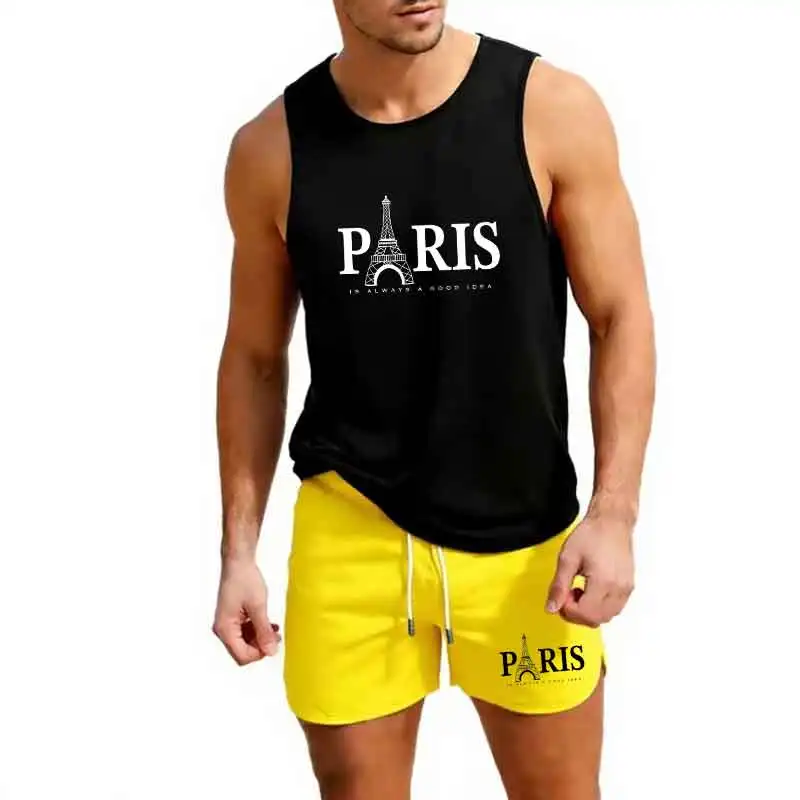

2026 European size Men's Mesh Vest+Quick Drying Shorts 2-piece Printed Eiffel Tower in Paris Summer Beach Casual Sportswear