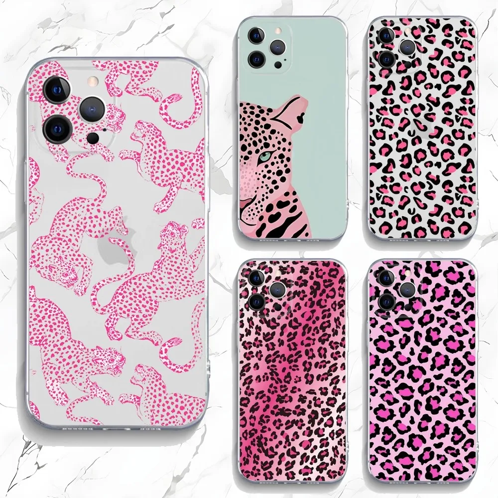 Pink Leopard Pattern Phone Case For iPhone 15,14,13,12,11 Plus,Pro,Max,XR,XS,X,7,8 Plus,SE,Mini Transparent Silicone Soft