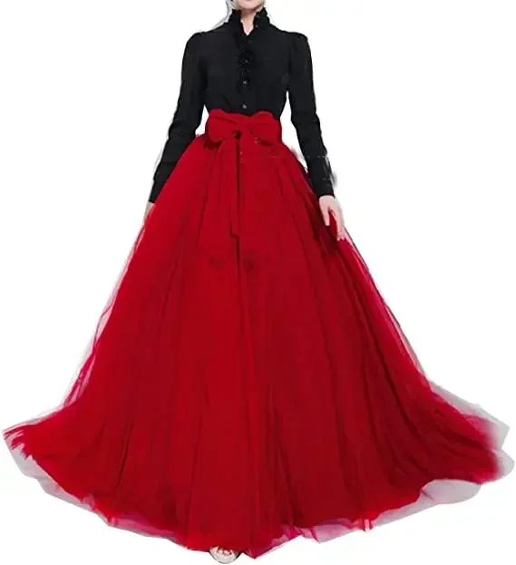 Women Long Skirts High Waisted Puffy A Line Tulle Skirt Wedding Bridesmaid Skirt with Bowknot Belt Faldas Saias Femininas Jupe