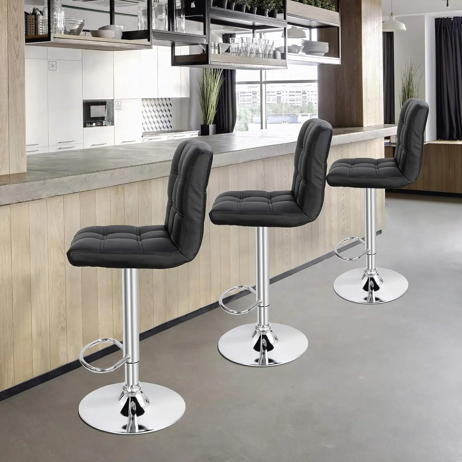 SUPER DEAL Set Adjustable Counter Height Swivel Stool with Square Back (4, Black)