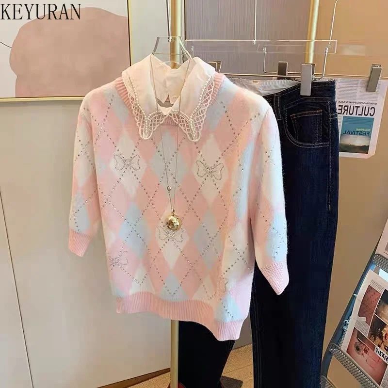 Korean Version Pink Argyle Short-sleeved Sweater Women\'s 2023 Spring New Design Diamond-studded Fake Two-piece Knitted Top Woman