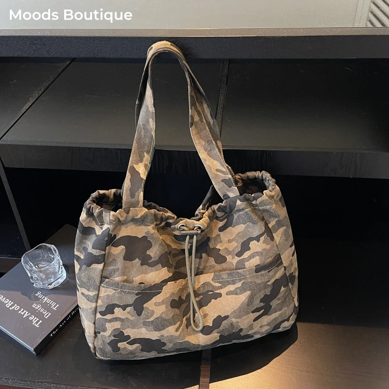 Camouflage Canvas Tote Bags For Women High Quality Drawstring Bucket Shoulder Bag Multi-pocket Large Capacity Shopper Totes 2026
