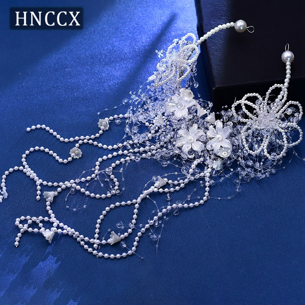 HNCCX Trendy White Color Pearl Flower Headband Bridal Tiara For Women Bride Pearl Tassel Luxury Wedding Hair Accessories CP741 ﻿