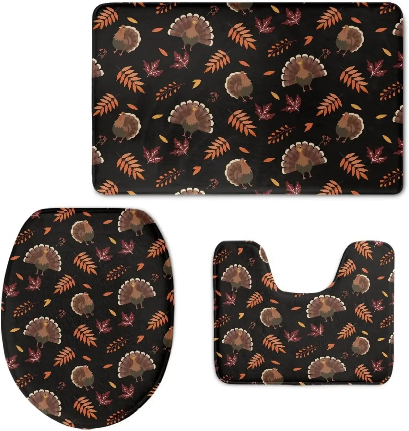 

3 шт. туалетный набор на День Благодарения, темно-коричневые осенние листья с принтом, впитывающий моющийся нескользящий коврик для ванной для декора урожай