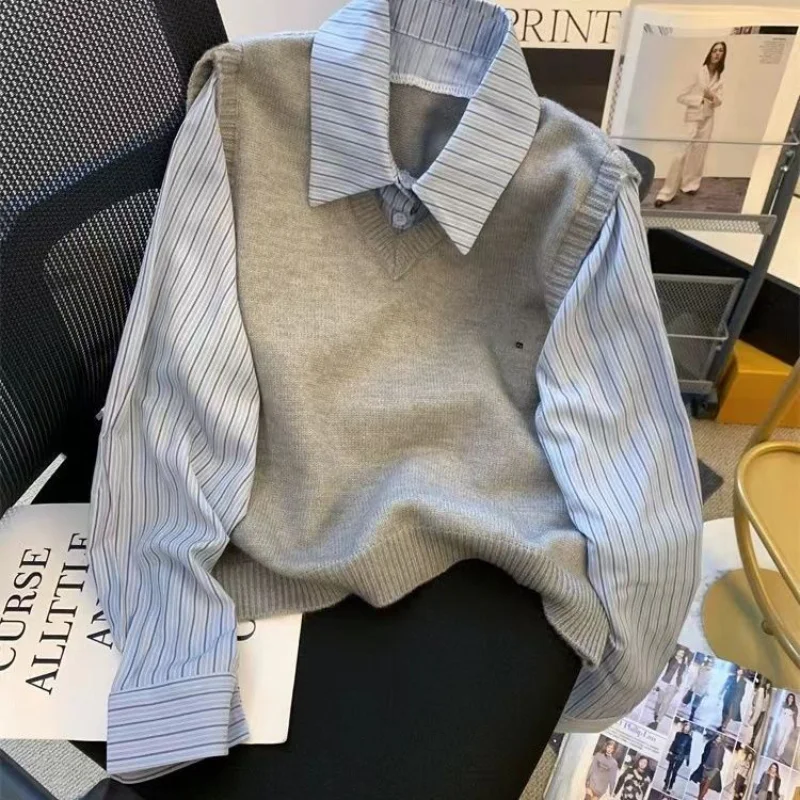 

Вязаный жилет в стиле пэчворк, полосатые рубашки с длинными рукавами, женские корейские модные универсальные топы, ленивый повседневный пуловер, винтажный