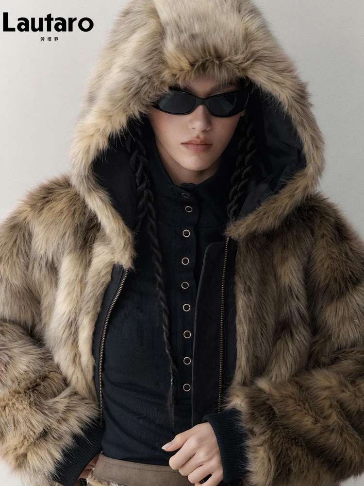 Lautaro Winter Vintage Thick Warm Reversible Faux Raccoon Dog Fur Park Women with Hood Luxury Designer Clothes Fluffy Jacket