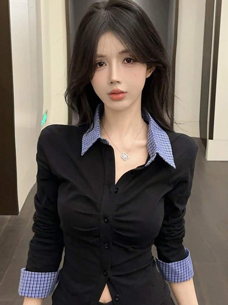 

2025 Summer Long Sleeve Women Plaid Shirt Korea Style Patchwork Button Up Slim Shirts Folds Crop Tops