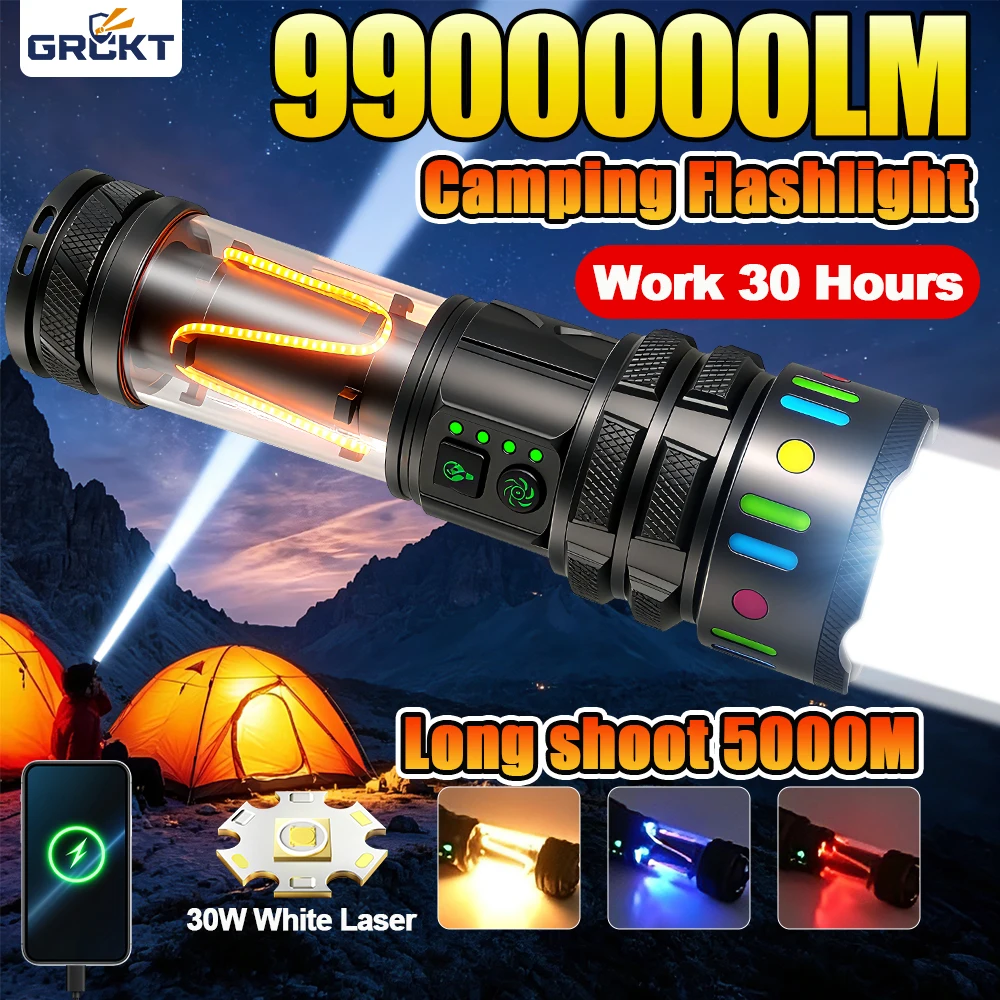 Camping Flashlight Rechargeable Big Battery 18650 Ultra Powerful Torch Lamp Side Light Waterproof Outdoor Camping Hiking Lantern