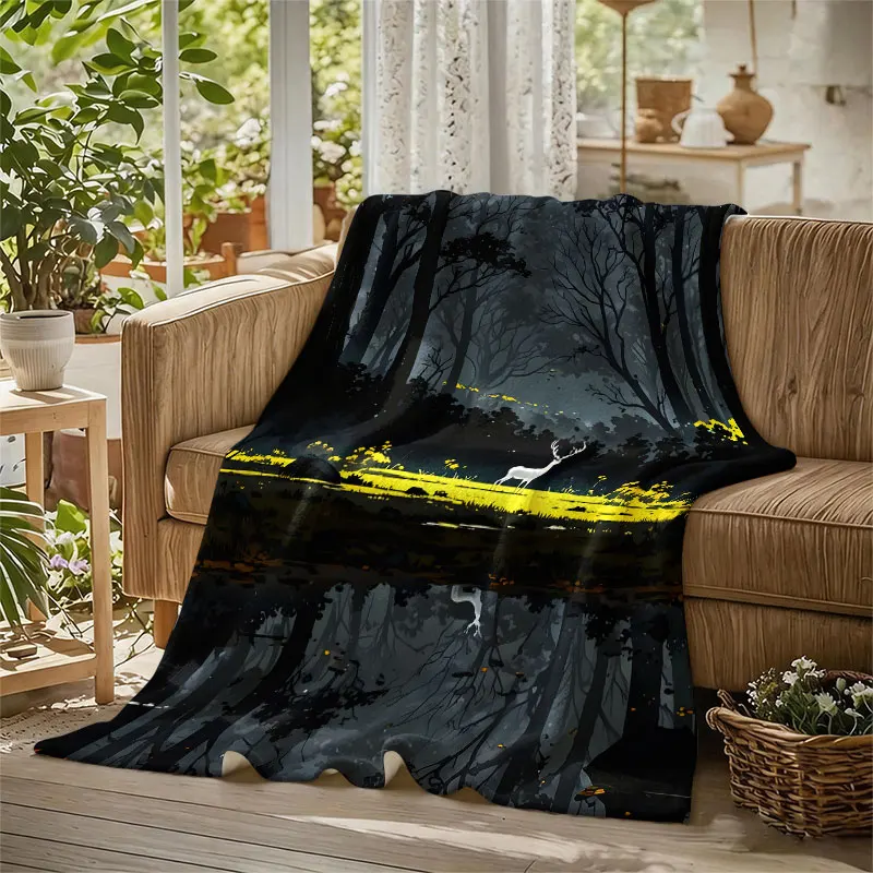 Forest White Deer Scene Flannel Blanket Perfect for Sofa Office Bed Travel Sleep Read Relax Camping Four Season Use