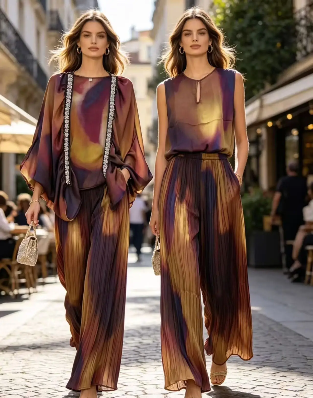 French Luxury Gradient Tie Dye Satin Three Piece Set Women Sleeveless Top Pleated Wide Leg Pants Elegant Streetwear Holiday Outf