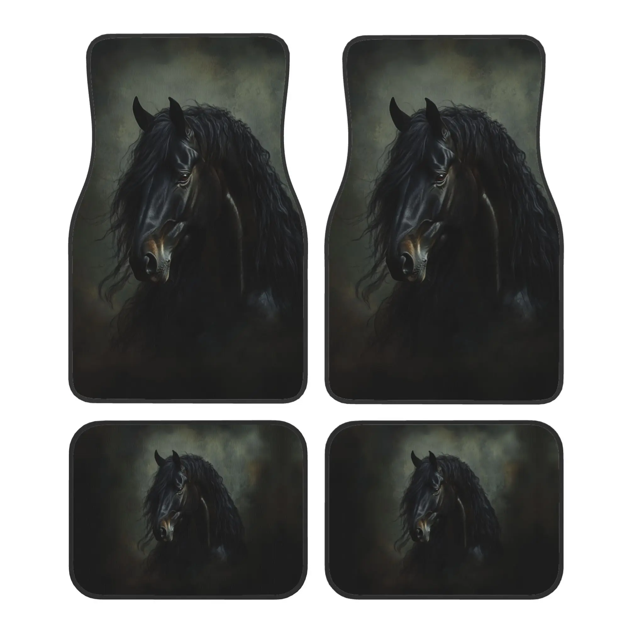 4 alfombrillas negras para coche con diseño de caballo Frisian, duraderas, fáciles de limpiar e instalar, ideales para sedanes, camiones y SUV, regalo perfecto para las fiestas