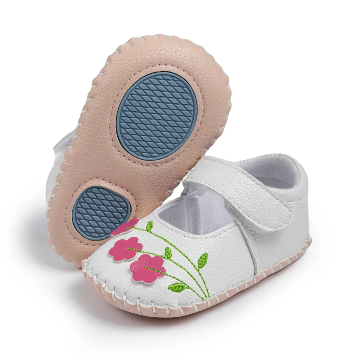 Meckior Baby Boys Girls Pu Leather First Walking Crib Shoes Toddler Rubber Sole Infant Embroidered Flower Princess Baby Shoes