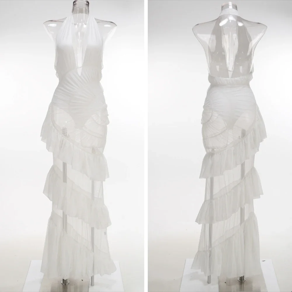 Sexy profundo decote em v halter sem costas smocked em camadas tule vestido de malha pura elegante baile de formatura festa à noite maxi vestidos roupas de férias