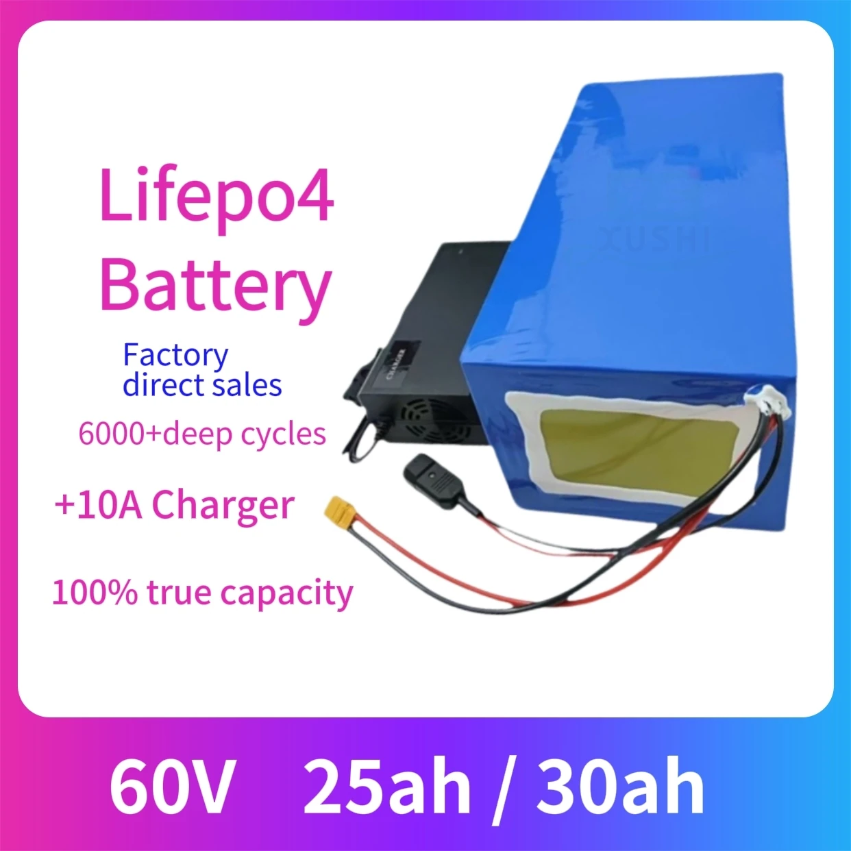 

XS lifepo4 аккумулятор 60 В 30 Ач 25 Ач литиевый с глубоким циклом BMS для велосипеда 2500 Вт 1500 Вт скутера трехколесного велосипеда Go Cart автомобиля + зарядное устройство 5А