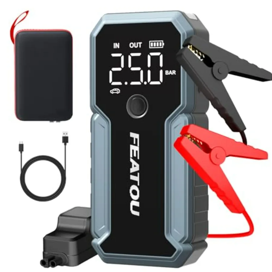 

Portable 12V Car Battery Charger Jump Starter 5000A with Jumper Cables LED Light USB Ports for Up to 9.0L Gas 8.0L Diesel Black