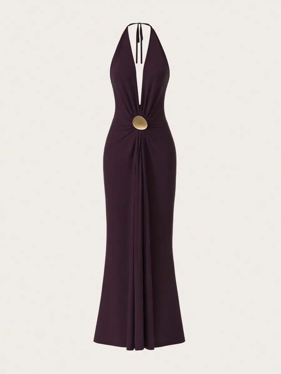 

Платье макси Deep Purple с вырезом халтер и золотистой декоративной вставкой