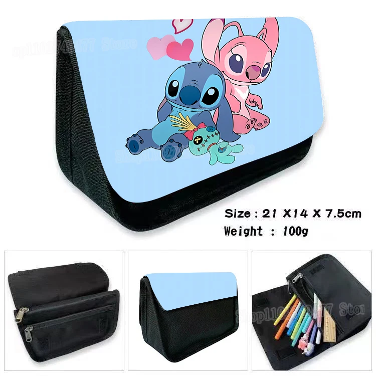 Cartoon Disney&Stitch pencil case flip cover double-layer zipper pencil box stationery colored pens storage study supplies