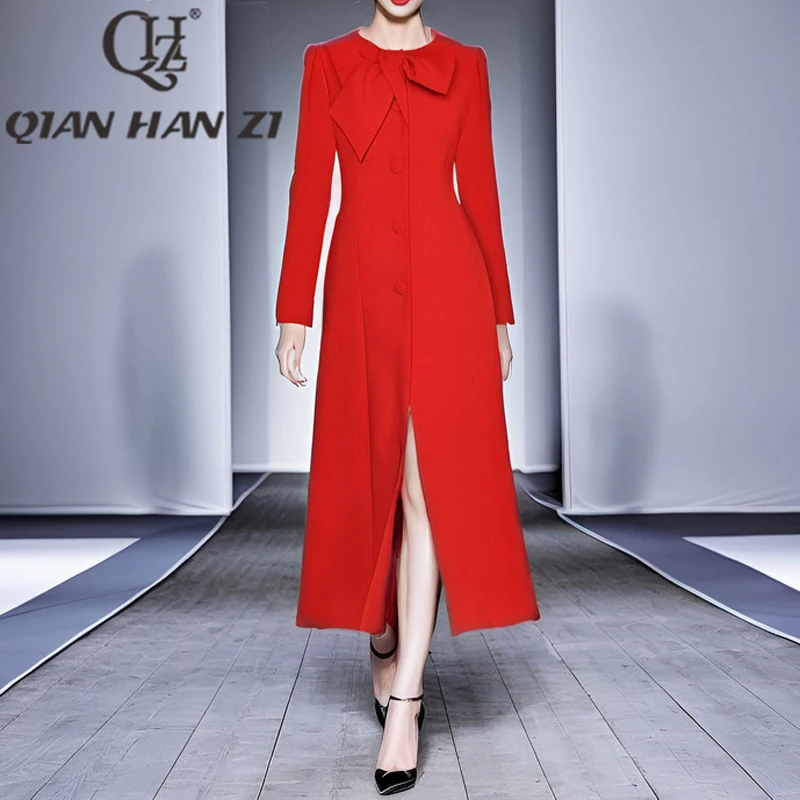 

QHZ Autumn/Winter Designer Fashion Vintage Dress Long Women long sleeves Bow Single Breasted Split Elegant red Thickened Dress