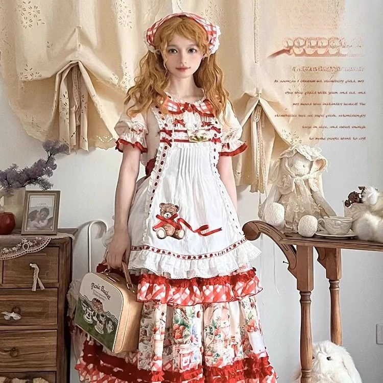 Princess Tea Party Lolita ชุดสาวผู้หญิงน่ารักสตรอเบอร์รี่หมีพิมพ์หวาน Kawaii ชุดวันเกิดชุดผ้ากันเปื้อน Loli Cos ชุด