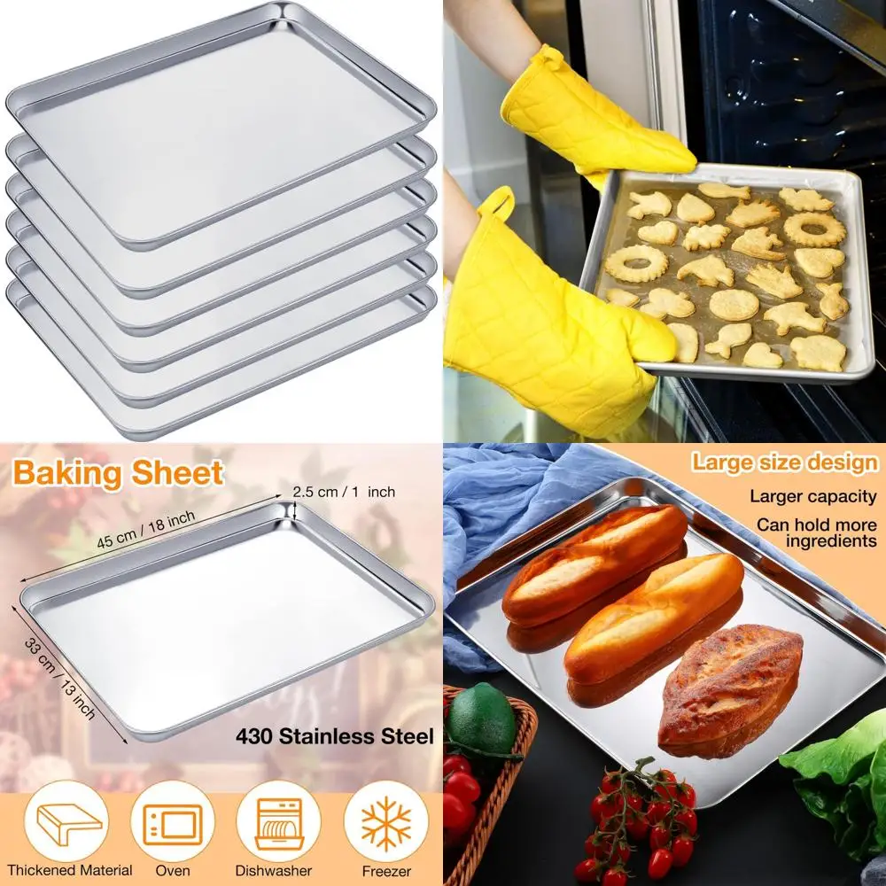 

6 pcs baking sheet set stainless steel cookie sheet cookie baking pan bakeware oven tray dishwasher safe commercial grade pans(1