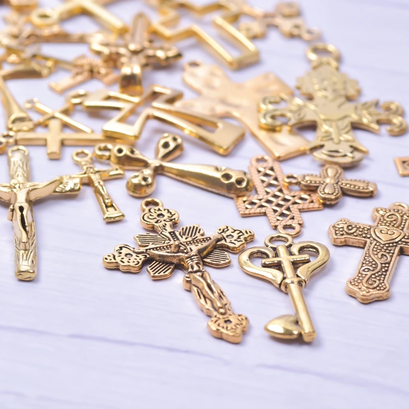 25Pcs/Lot Mix Cross Charm Christ Religious Alloy Gold Color Charms for Jewelry Making Amulet Pendant Supplies material cruz