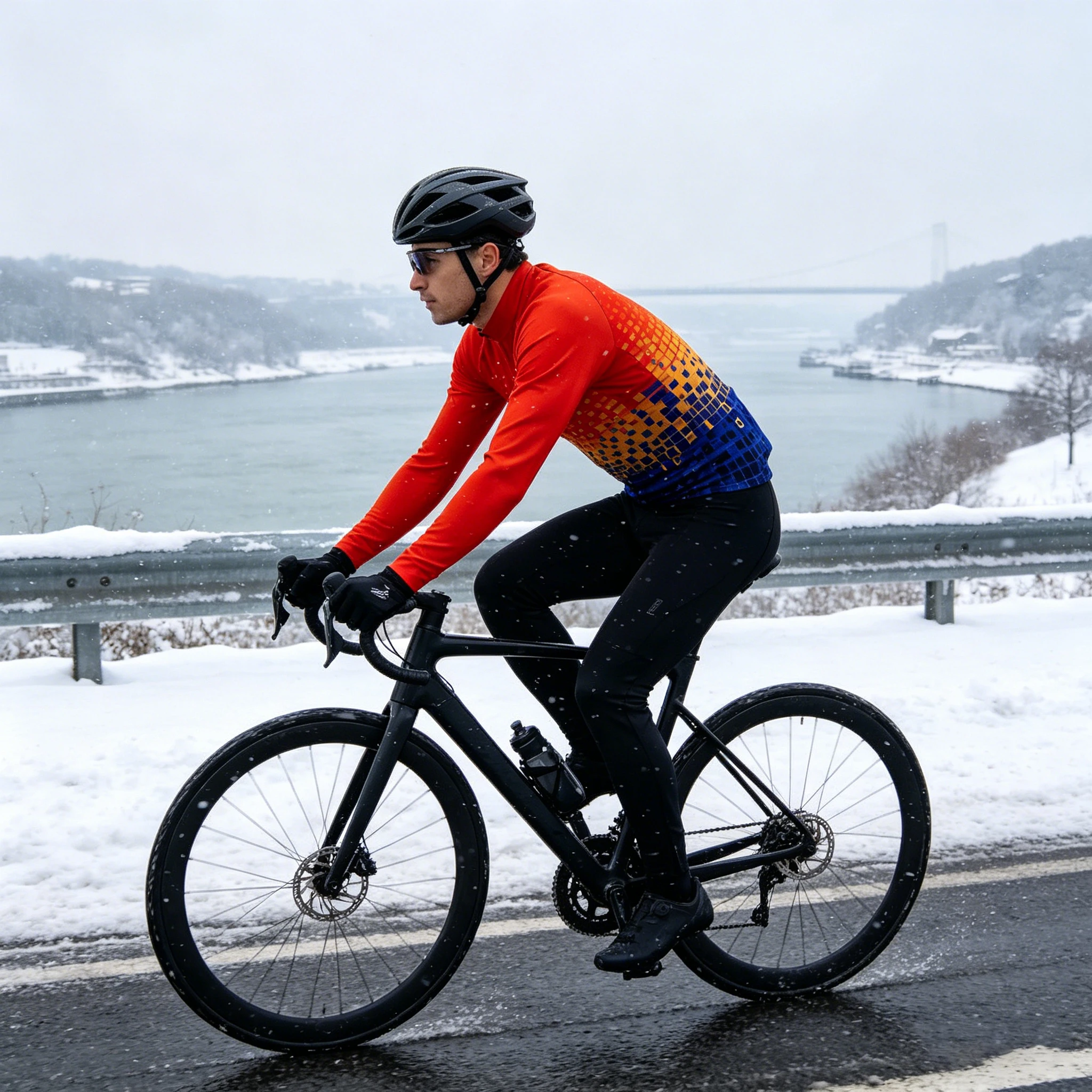 Cycling Jersey Bike Shirts Maillot Bicycle Men Winter Fleece Red Blue Gradient Pixel Print Thermal Breathable Road MTB Tops