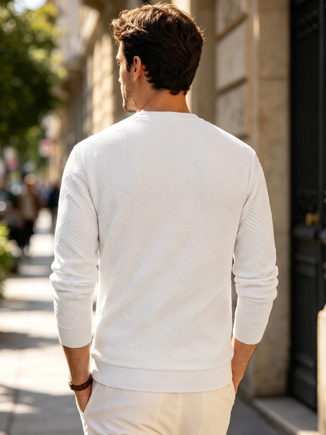 Mens Geometric Embossed Crew Neck Pullover Sweatshirt Long Sleeve Casual Tops For Autumn Winter Daily Wear
