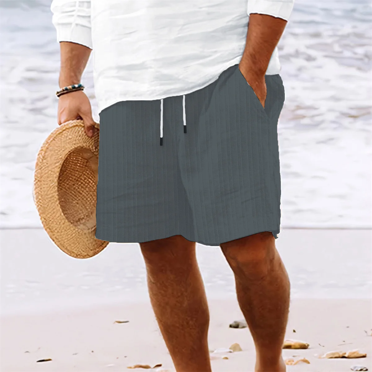 Short de plage en coton et chanvre pour homme, vêtement d'été, solide, à rayures, multi-sacs, à la mode, offre spéciale