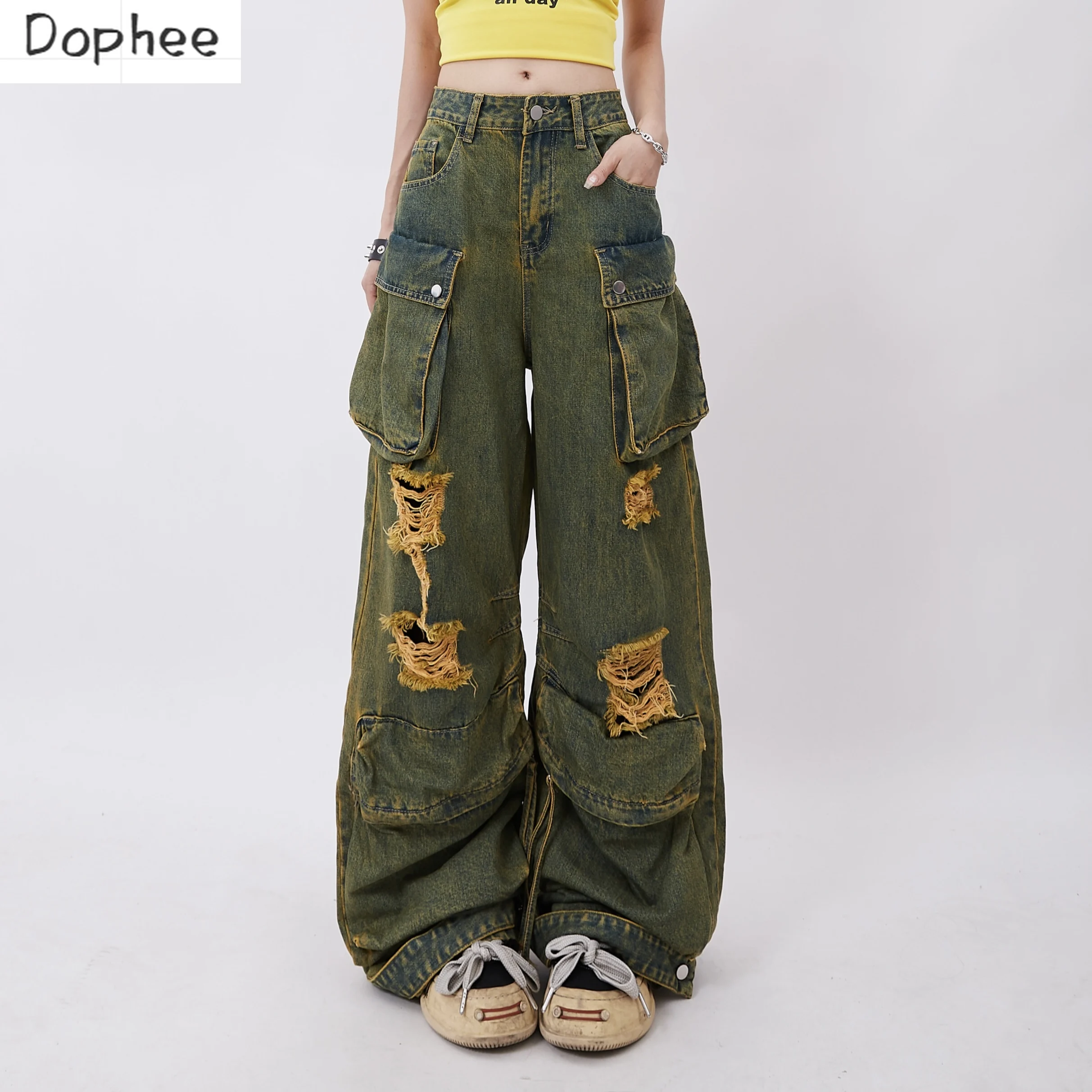 Dophee Dopamine Jeans for Women New Autumn American Style High Street Hole Large Pockets Overalls Loose Straight Denim Pants