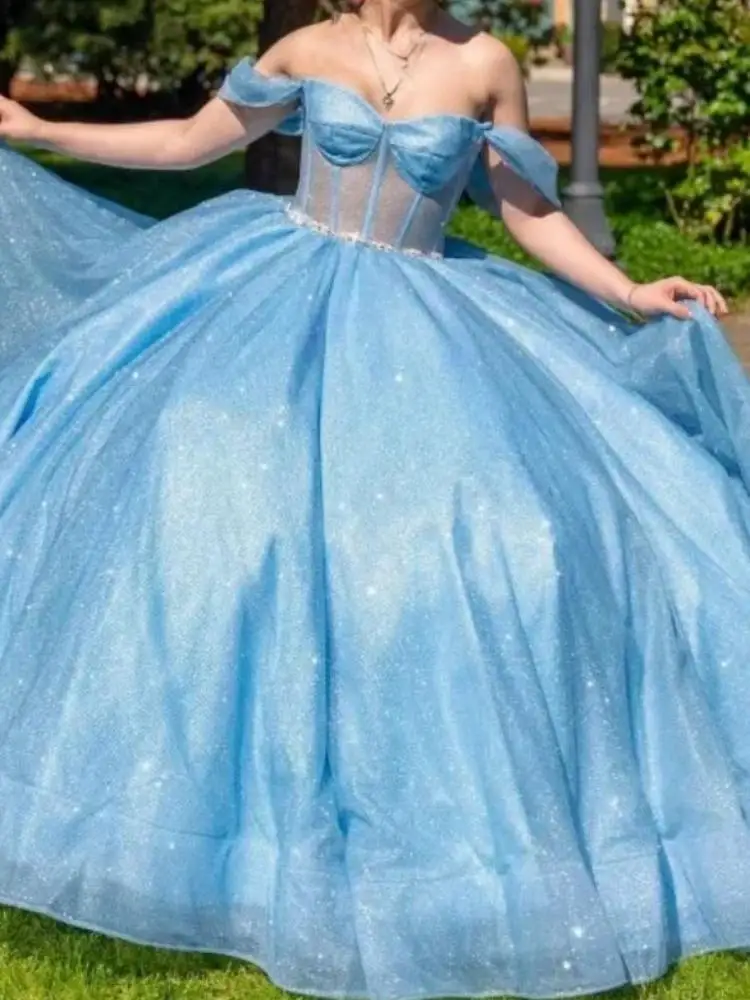 Robe de Bal Élégante Bleu Ciel pour Fille, Tenue de 16e Anniversaire, avec Perles, à Lacets dans le Dos