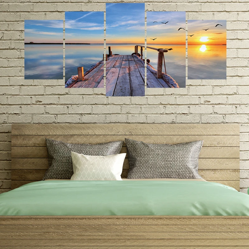 Sea View Mural, Sunrise on Ocean, Plank Dock, 3D Vinyl Wall Stickers, Home Decorations for Living Room, Self Adhesive Wallpaper