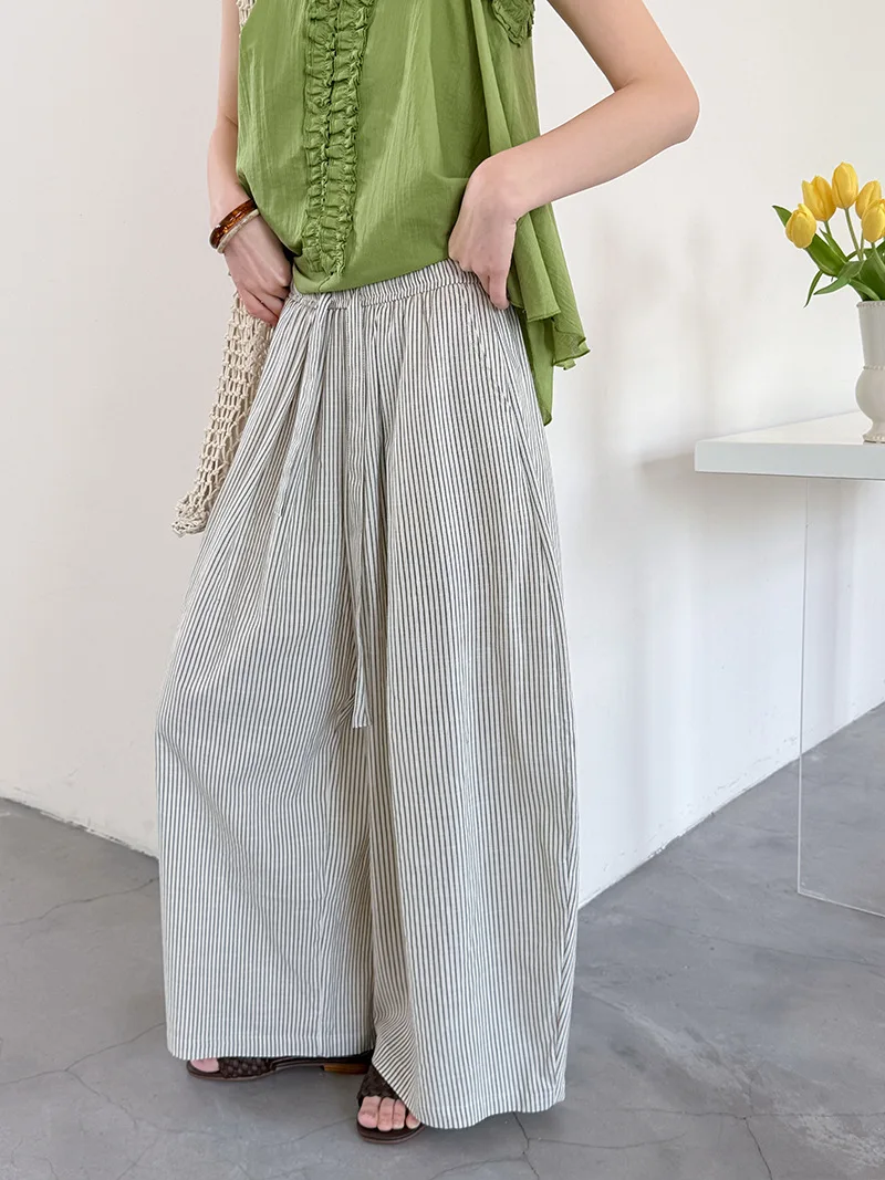 2026 Women Spring Wide Leg Causal Striped Ninth Length Pants Comfortable High Waist Stright Pants Female Women Clothes Trousers