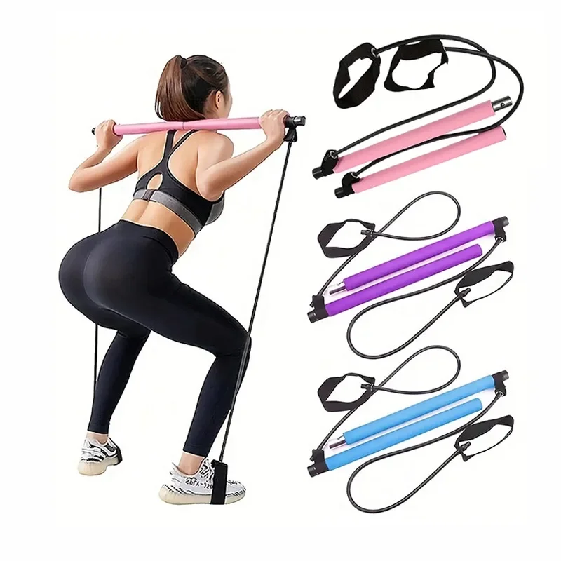 Portable Yoga Pilates Bar Stick with Resistance Band Home Gym Muscle Toning Bar Fitness Stretching Sports Body Workout Exercise