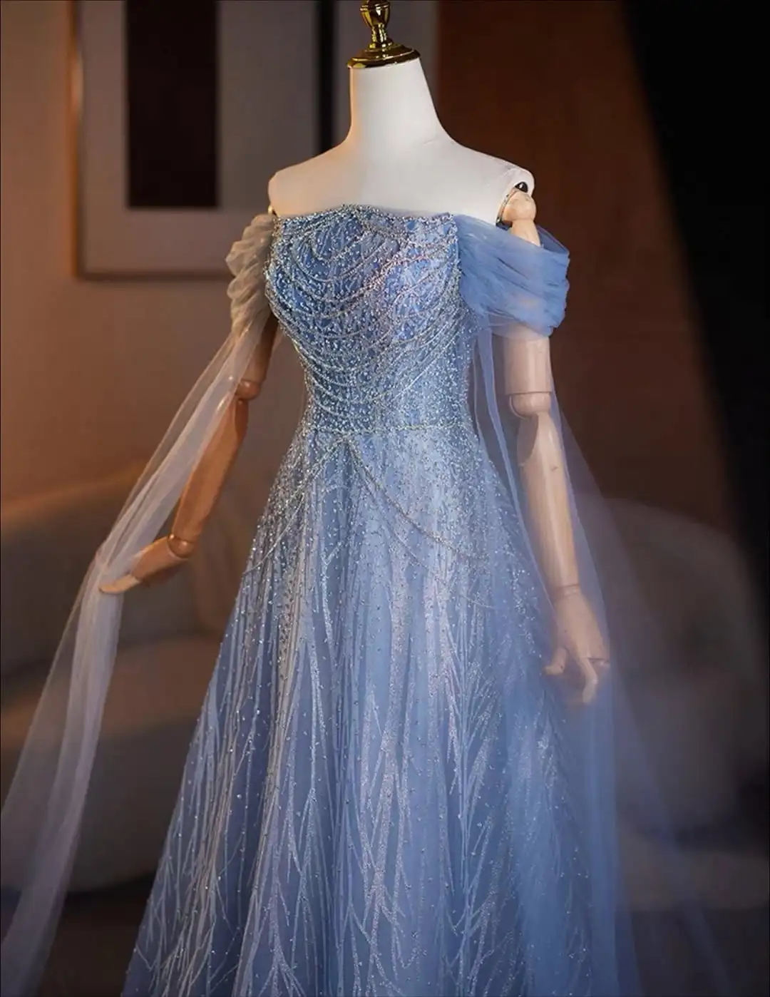 

New Design Luxury Bading Seqins Off The Shoulder A Line Elegant Evening Prom Dress فساتين سهرات vestidos de novia