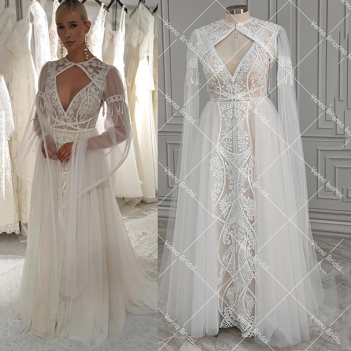 Customized Woven Lace V Neck Bridal Gowns with Removable Bolero Pullover Tulle Long Sleeves Floral Lace Fringe Wedding Dress