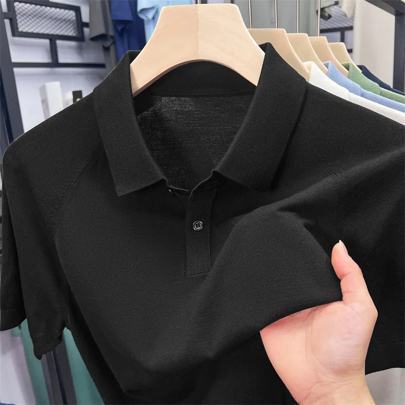 T-shirt da uomo in seta di gelso 2025 Polo estiva classica in maglia Lyocell Top a maniche corte Maglieria da uomo in cotone di seta sottile e traspirante