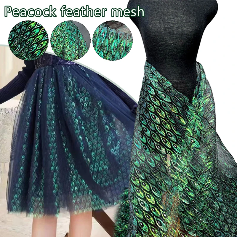 Peacock Lace Fabric Mesh Shiny Laser Sheer Tulle See Through Peacock Feather Pattern Diy Dress Costume Clothing Sewing Material