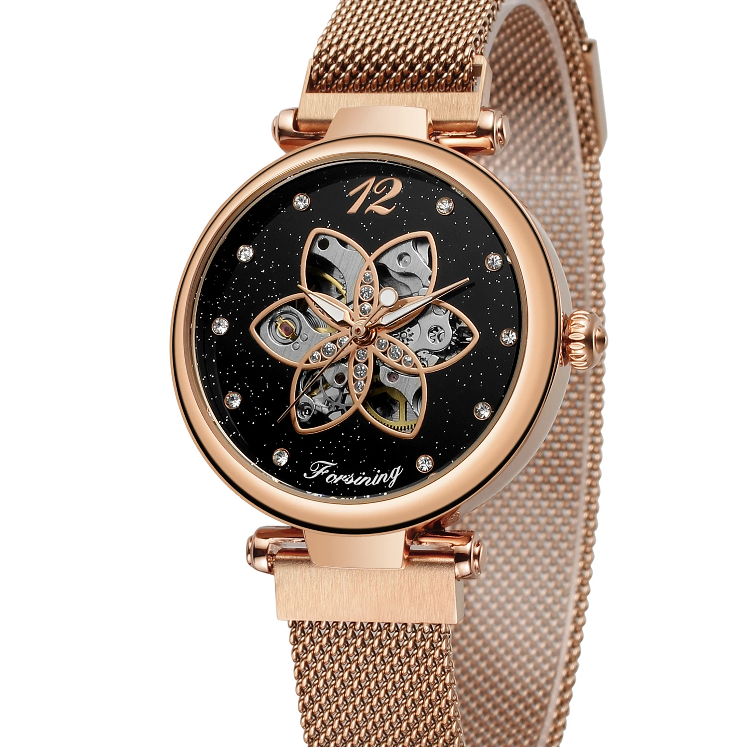 Forsining Rose Gold Case Starry Sky Dial Fashion Women's Mechanical Watch Skeleton Creative Ladies Self-winding Wristwatches New