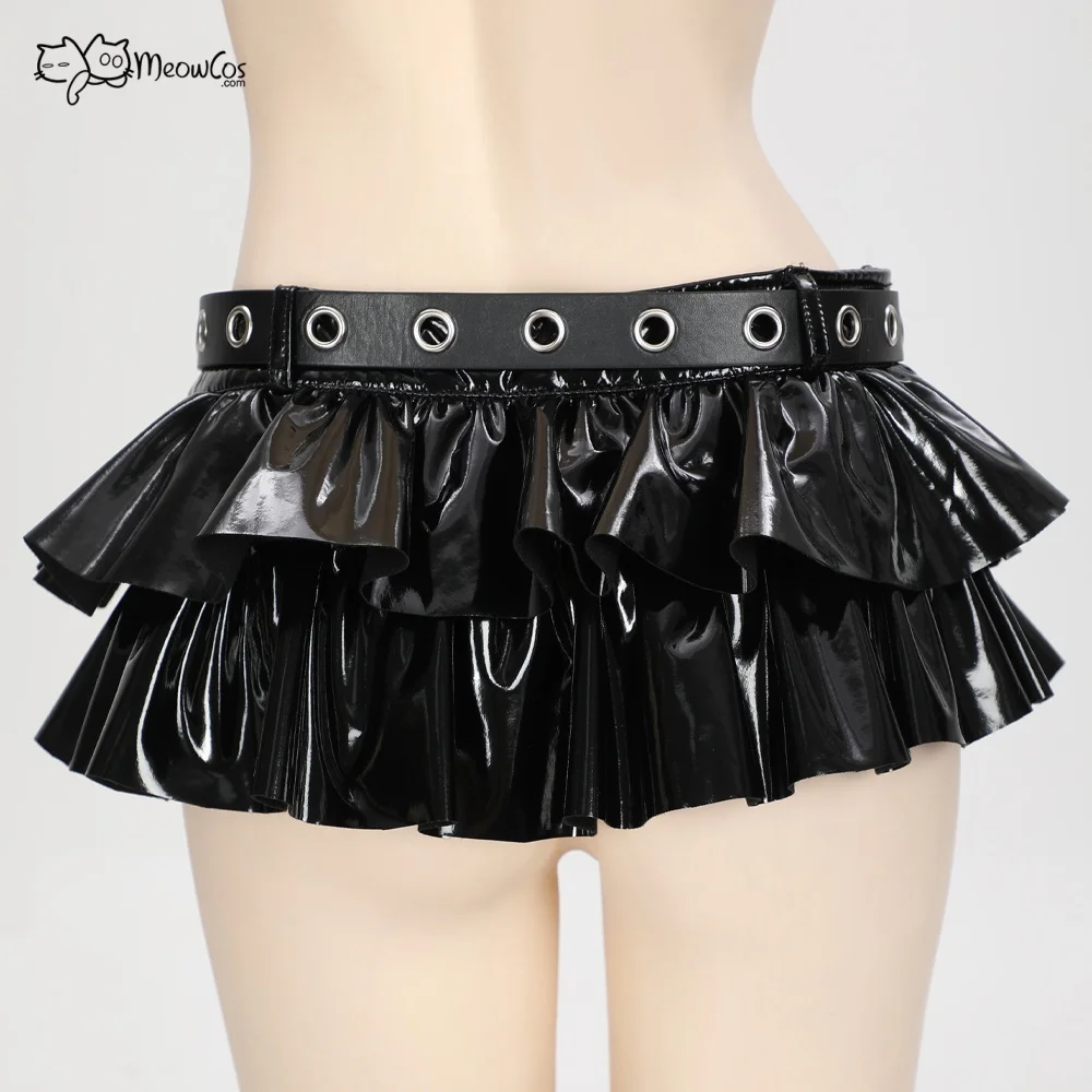 MEOWCOS Women Gothic Style Skirt Black Shiny Leather Short Mini Skirt with Belt Cosplay Costume
