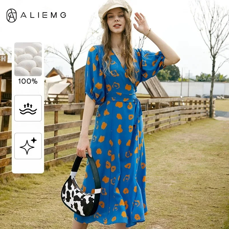 Vestido de seda verão 2025 design de emenda vestido longo nova lanterna vestido francês de manga curta